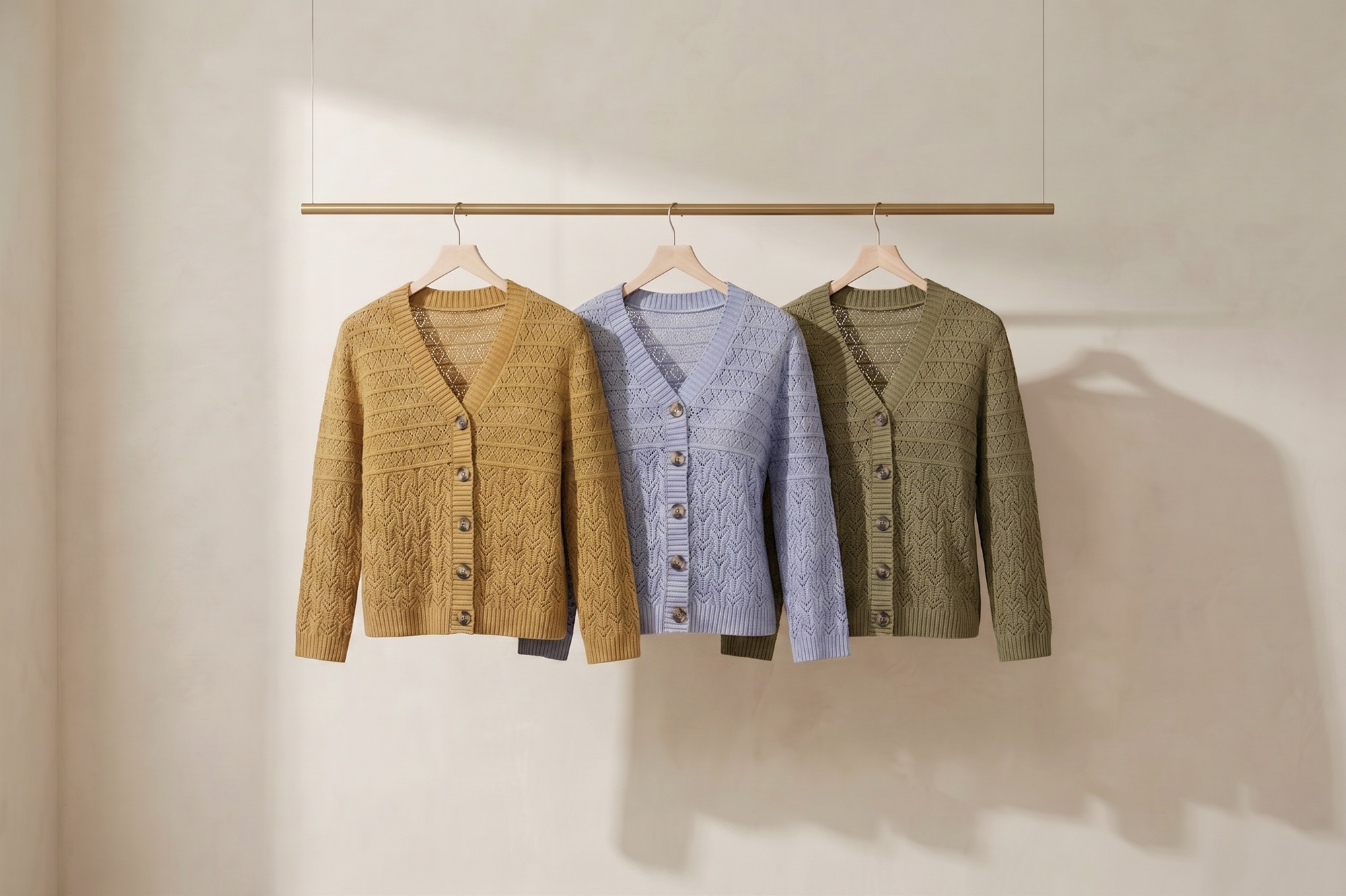 Women's Openwork Knit Cardigan, Three Quarter Sleeve Button Sweater