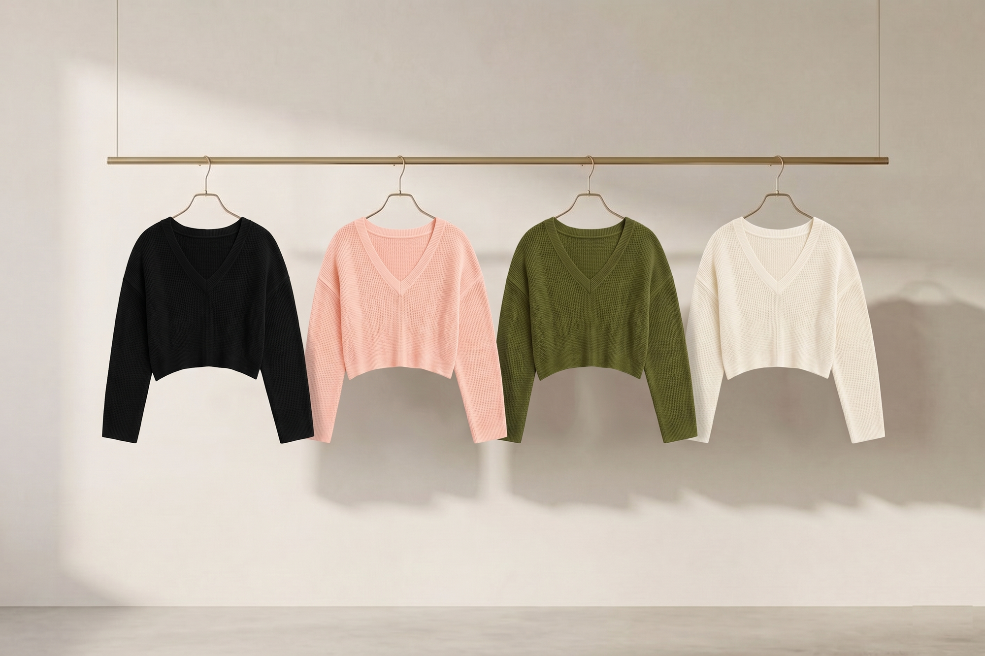 Women's Cropped V Neck Knit Sweater, Textured Long Sleeve Top