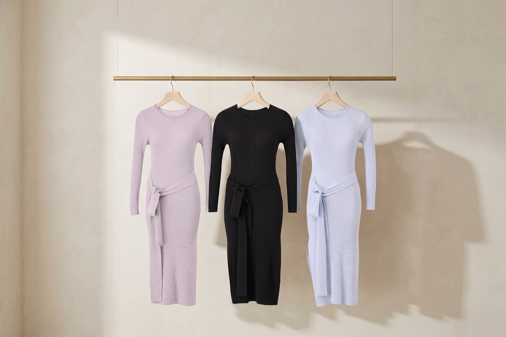 Women's Ribbed Sweater Dress, Side Slit Belted Knit Dress