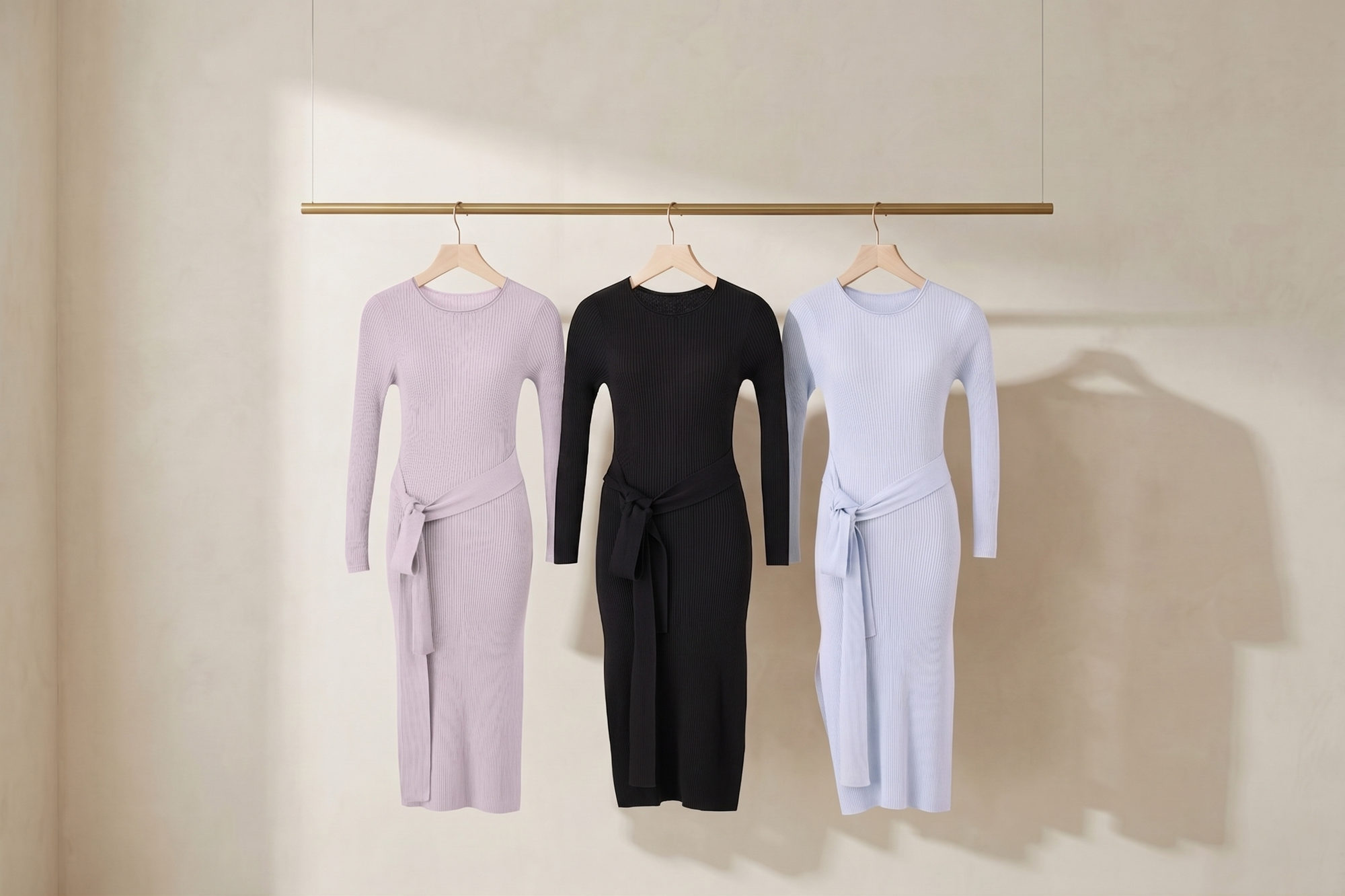 Women's Ribbed Sweater Dress, Side Slit Belted Knit Dress
