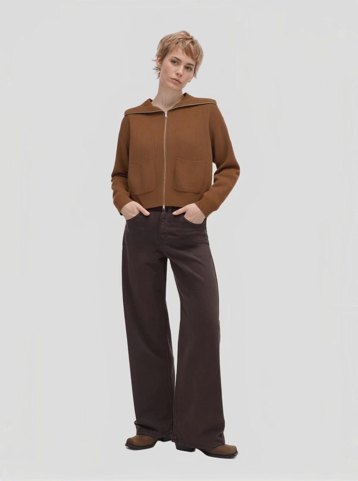 Brown Zip - Up Cropped Knit Cardigan