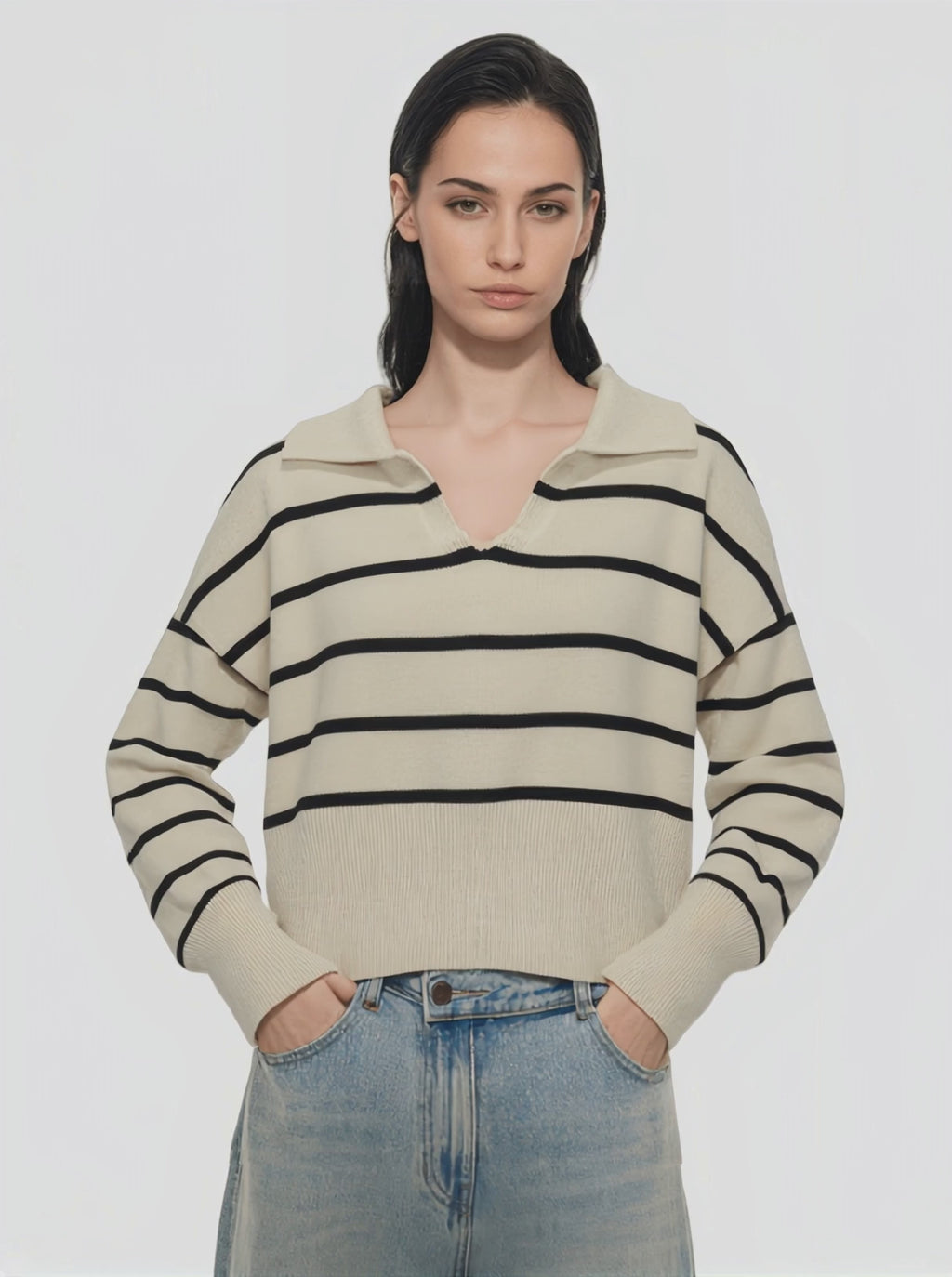 Beige & Black Striped Polo Knit Top