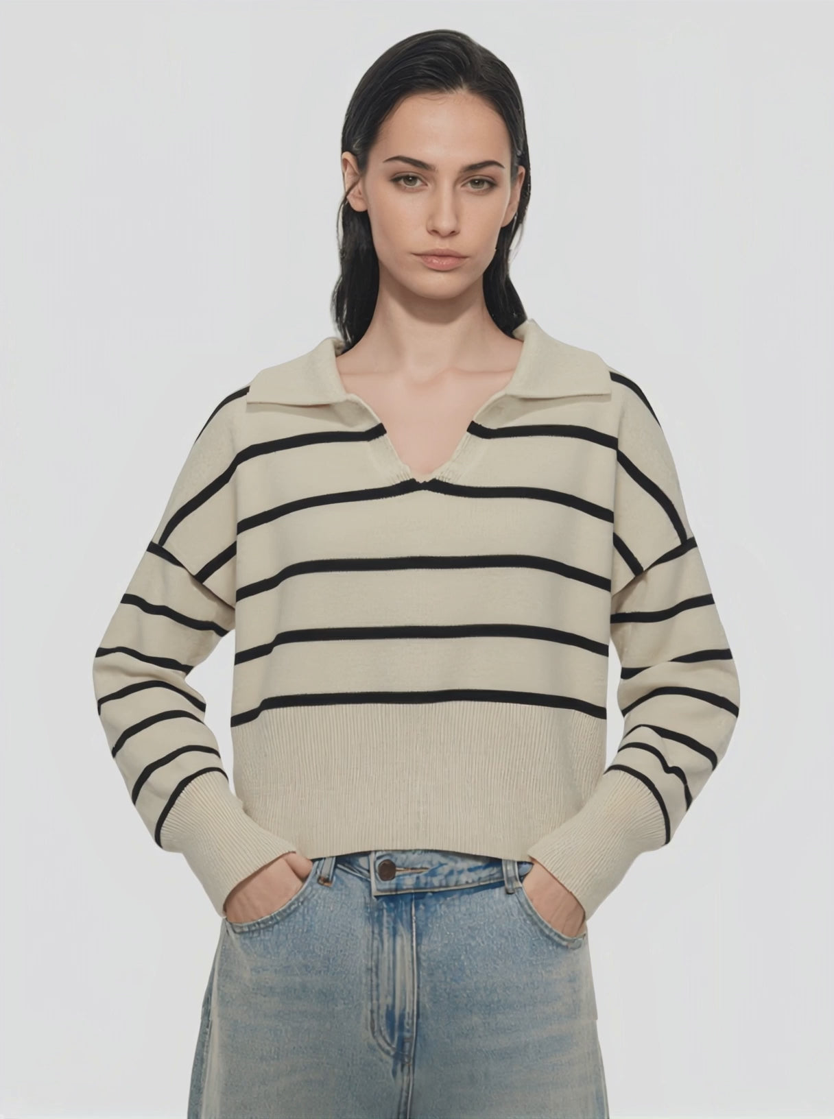 Beige & Black Striped Polo Knit Top