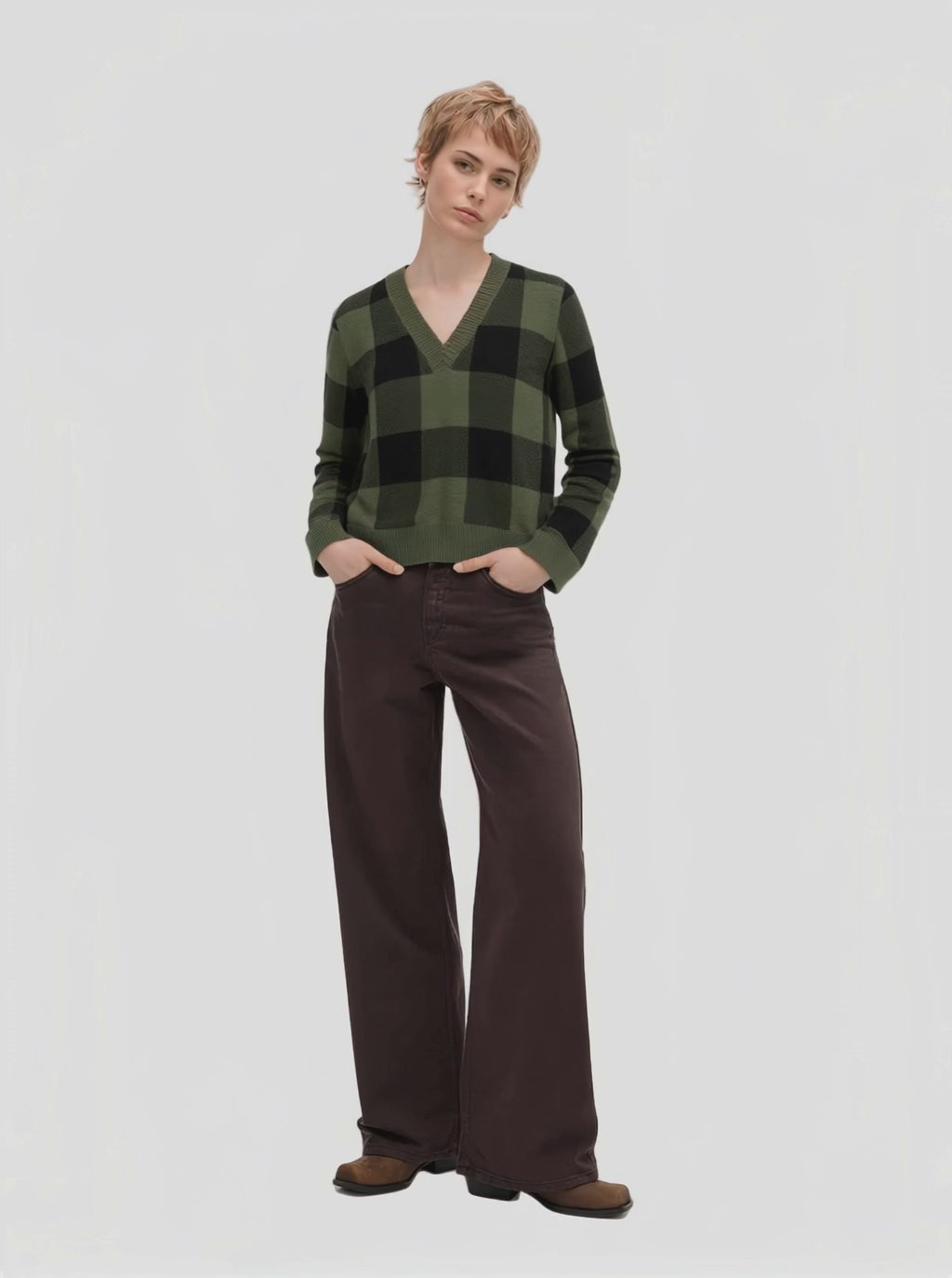 Green & Black Checkered V - Neck Sweater