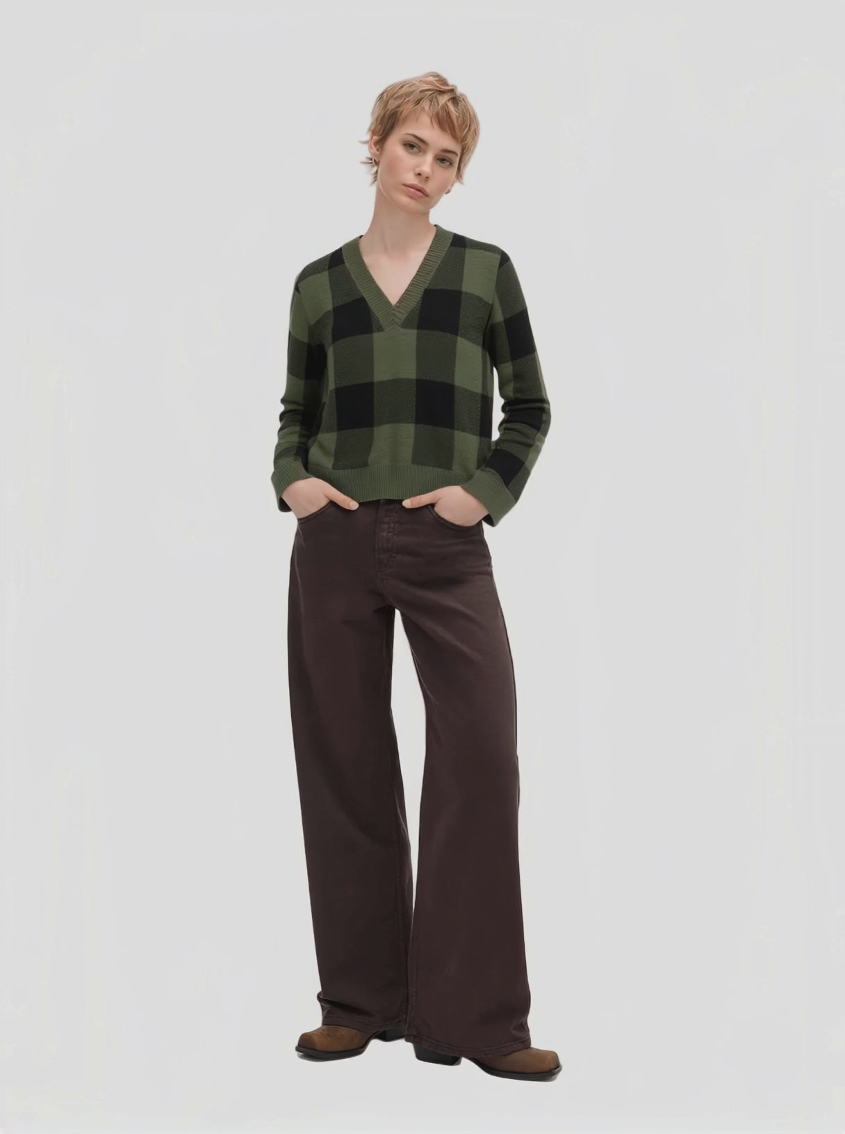 Green & Black Checkered V - Neck Sweater