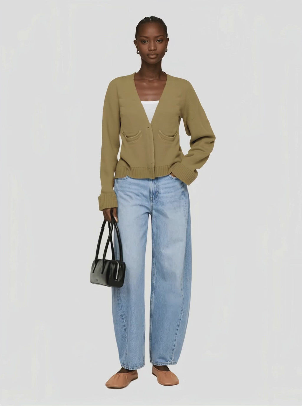 Khaki V - Neck Cardigan with Pockets