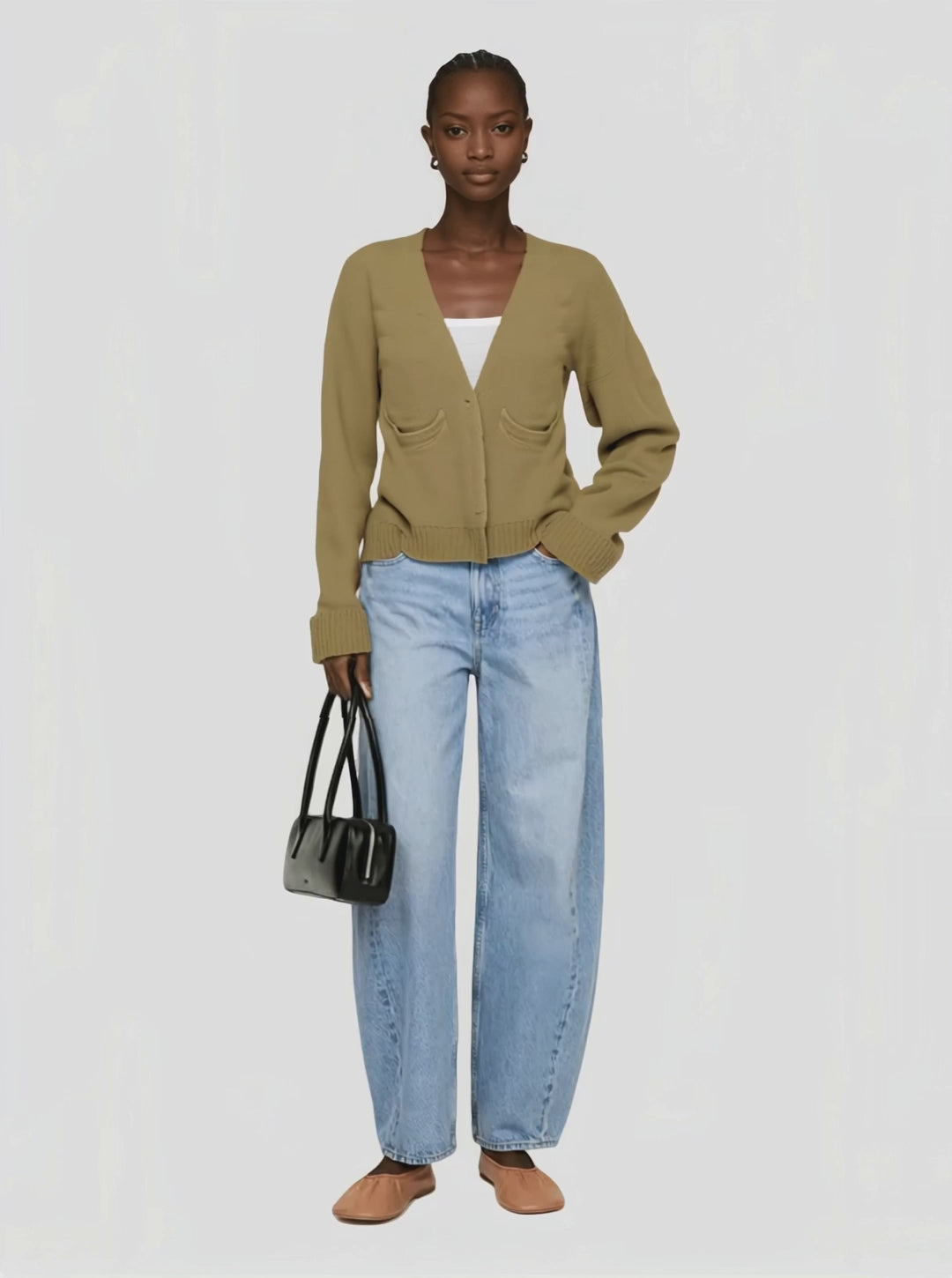 Khaki V - Neck Cardigan with Pockets